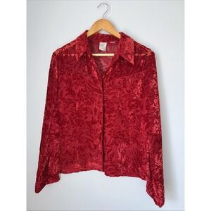 Emma James Red Velvet Burnout Sheer Top Shirt Blouse L Whimsigoth Romantic vamp‎